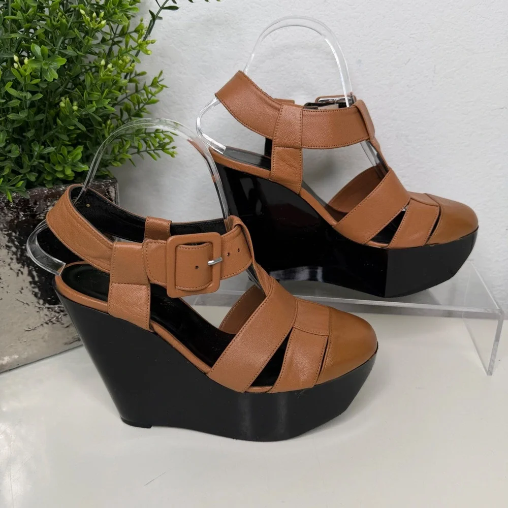 Robert Clergerie Wedge Sandals‎ Tan Leather Platform Architectural 39.5 FR/9US
